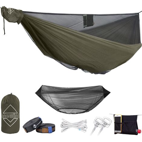 366 cm Camping-Hängematte mit Moskitonetz, ultraleichte Doppelhängematte aus reißfestem Nylon mit Baumgurten, tragbare Hängematte mit 250 kg Tragkraft für Outdoor-Camping, olivgrün