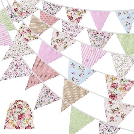 Fanions en tissu de 12 m (40 pi), guirlande de 42 fanions d'extérieur, drapeau à trois coins en coton vintage à motif floral, compatible avec les guirlandes de fanions. (1/5)