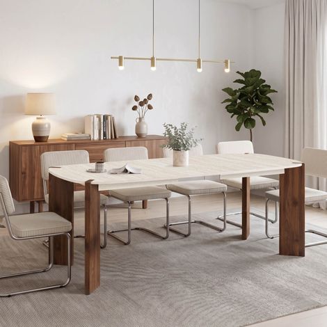 Mesa de comedor extensible rectangular con esquinas redondeadas TESS, para 6-10 personas, con 4 patas redondeadas de nogal y tab (1/5)