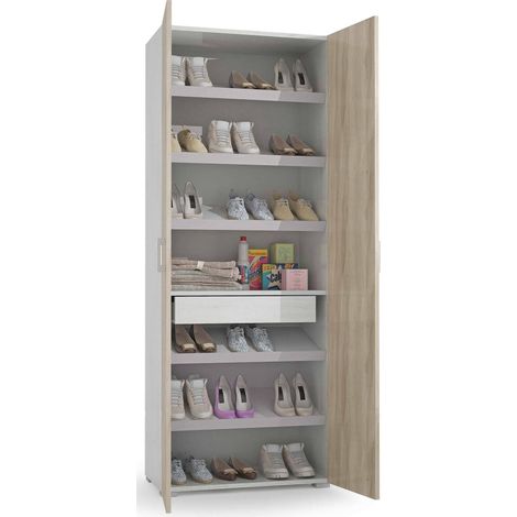 Dmora Armario multiusos Ginestra, Armario lineal con 2 puertas batientes, armario de 6 estantes, zapatero moderno, 100% Made in Italy, Cm 72x37h195, Olmo y Blanco, con embalaje reforzado