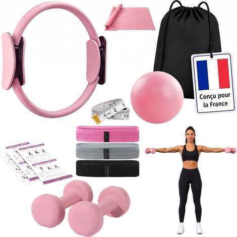 Relaxdays Kit Pilates, 11 pièces: anneau, ballon, 4 bandes de résistance, 2 haltères, sac, rose, pour la maison