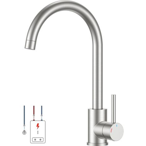Robinet Cuisine Basse Pression, Mitigeur Cuisine, Pivotant à 360°, Contrôle eau chaude/froide, Monotrou pour 1 ou 2 éviers, Compatible Avec Chaudière Et Appareils Sous Évier, Acier inoxydable (1/5)