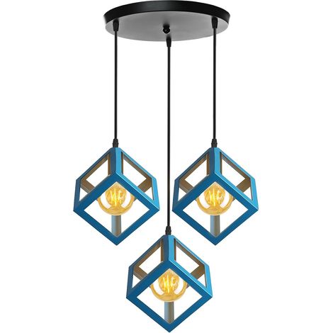 Lustre Suspension 3 Lampes Industrielle Luminaire Plafonnier Vintage E27 Plafond Abat-Jour Forme de Cube Métal pour Sejour Chambre Cuisine (Bleu, base de 30cm) (1/5)