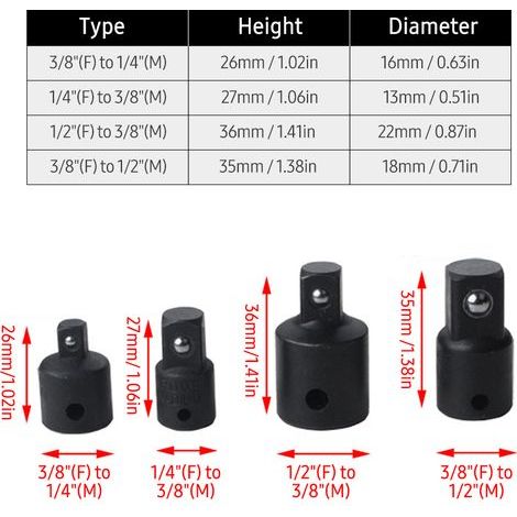 TARSHYRY Adaptateur à Douille D'impact Ensemble de Réducteur pour le Conducteur D'écrou en Acier de Forage électrique 4pcs (1/5)