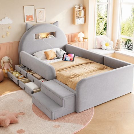 Cama infantil 90x200 cm de terciopelo gris claro con cajones, LED y USB OKMYHOME (1/5)