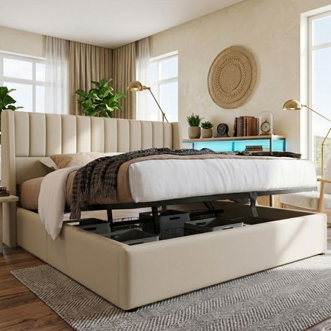 Lit coffre 160x200 cm avec grand espace de rangement, lit capitonné double avec sommier à lattes en métal, 2 Personnes, lin, beige (1/5)