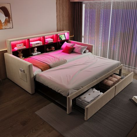 Ausziehbares Polsterbett 90x190 cm erweiterbar auf 180x190 cm, Schlafsofa mit Stauraum, 2 Schubladen, USB-Anschluss und LED-Beleuchtung, Samt Beige (1/5)