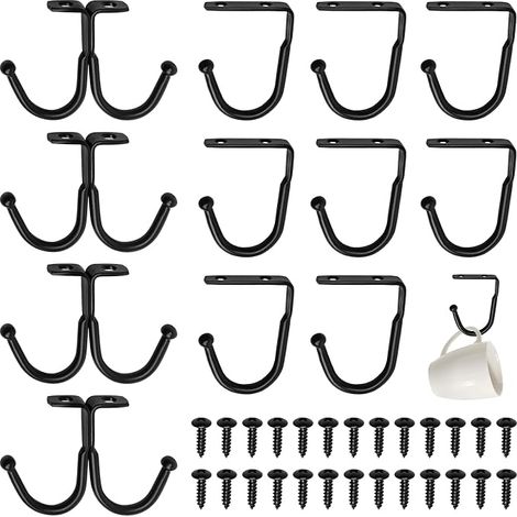 12 Pièces Porte-Tasses Suspendue, Crochet Tasse Suspendue en Métal avec Vis, Crochets de Rangement Noirs pour Tasses, Vêtements, Chapeaux (1/5)
