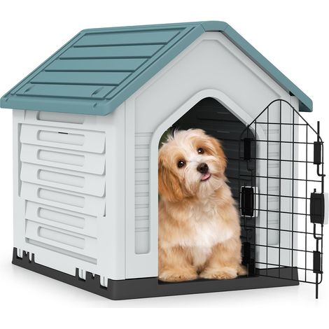 COSTWAY Cuccia per Cani da Esterno ed Interno, Cassetta per Cani Impermeabile con Porta in Metallo Bloccabile e Prese d'aria e Tetto Spiovente, Cucce per Cuccioli per Casa, 66,5 x 52 x 60 cm (Blu) (1/5)
