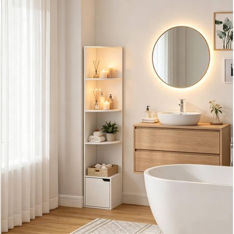 MEUBLIV Étagère d’angle blanche 29,5 x 29,5 x 157,5 cm avec placard de rangement (1/5)