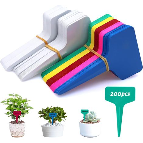 200 etiquetas impermeables para plantas, etiquetas para jardín, 10 x 6 cm, etiquetas de plástico reutilizables tipo T (multicolor)