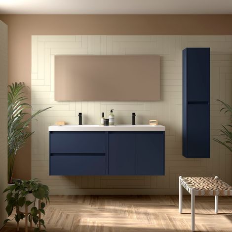Badezimmermöbel NOJA 1400 2 Türen und 2 Schubladen BLUE SATIN + Waschtisch + Spiegel