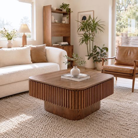 Table basse avec rangement caché – surface rainurée placage bois finition noyer montage en 5 minutes style moderne (1/5)