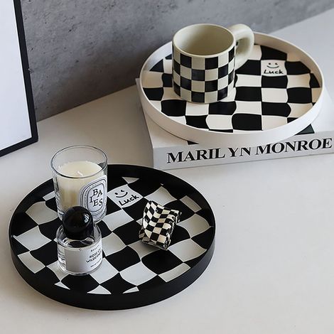 Plateau de rangement à damier style nordique, assiette à fruits, plat de rangement, tasses, parfum, bijoux, objets divers, plateau décoratif de bureau, petit modèle blanc (1/5)