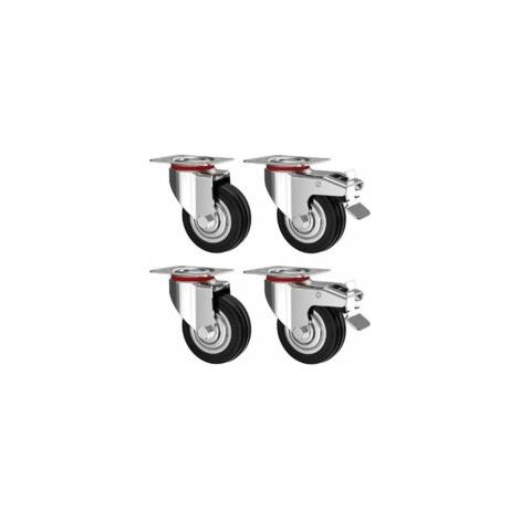 - Juego de 4 ruedas giratorias de 75 mm con freno - Ruedas para muebles de hasta 50 kg por rueda - Alta resistencia - Goma para interiores y exteriores - Ruedas industriales - Crezuo (1/4)