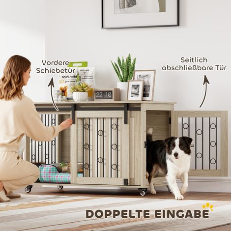 Cage canin mobile avec roues, porte à glissière, 100 x 56 x 65 cm, bois et métal (1/4)