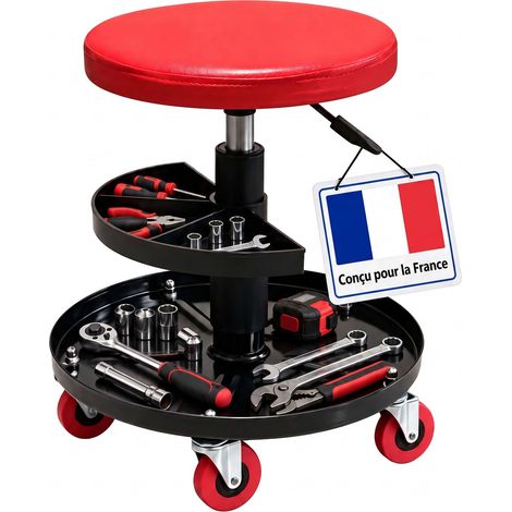 Relaxdays Tabouret d'atelier, réglable, rangement, 5 roulettes, H x D : 42-56 x 38 cm, métal, rouge (1/5)