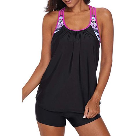 Haut de tankini push-up à bretelles et dos nageur imprimé rayé pour femme, style blouson, avec short assorti (1/5)