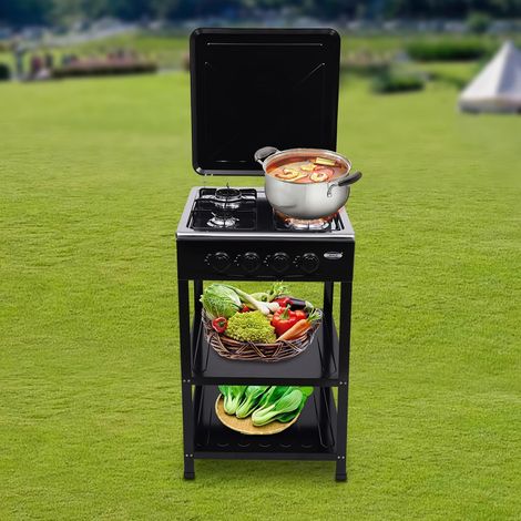 Cuisinière à gaz 4 flammes - Cuisinière à gaz d'extérieur - Avec couvercle - Portable - En acier inoxydable - Pour restaurant commercial - Pour camping, pique-nique - Noir