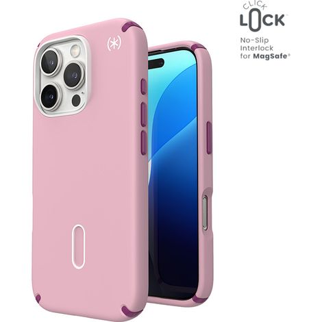 Funda Speck Presidio2 Pro ClickLock y MagSafe para iPhone 16 Pro (rosa miércoles / morado boysenberry / blanco) (1/5)