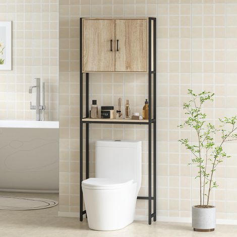 Mobiletto sopra il WC con 2 ante, ripiano regolabile, ripiano a giorno per piccoli spazi, 64x19x178 cm, colore naturale.