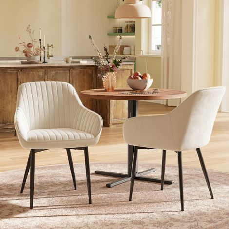 Chaise de Salle à Manger, Velours Côtelé, Accoudoirs, Charge 120 kg, Pieds en Métal, pour Salle à Manger, Blanc et Noir