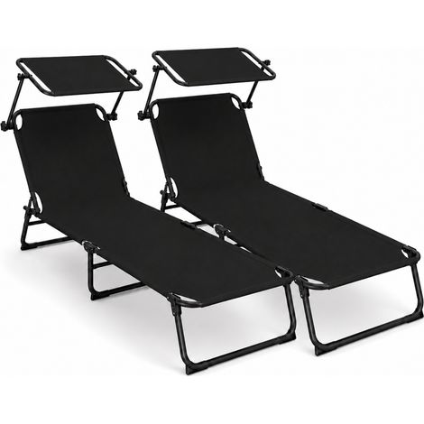 Set 2 Lettini Da Spiaggia Pieghevoli Con Tetto Parasole Regolabile E Schienale Inclinabile Con Telaio In Acciaio Traspirante Per Mare Giardino Campeggio Vacanza Nero (1/5)