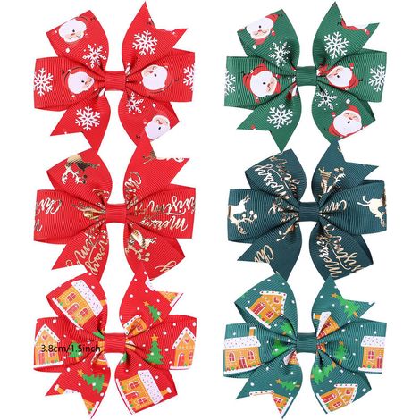 6 Pinces à cheveux, nœud gros-grain, motif Noël, fibre polyester, fille (1/5)