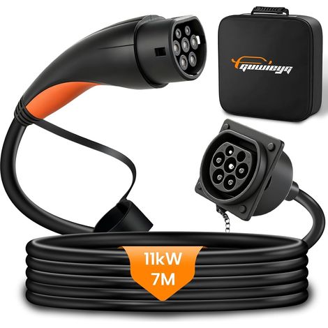Câble de Rallonge Type 2, 16A/11kW/Triphasé/7m, pour EV Type2 Câble d'extension de Charge pour Véhicules électriques IEC62196, Chargeur avec Sac de Transport, étanche IP54 (1/5)