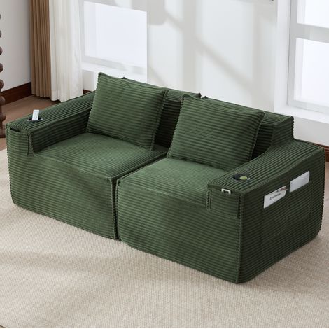 Sofá modular de 2 plazas 188x90x75 cm verde con portavasos, tela acanalada MEUBLIV (1/5)