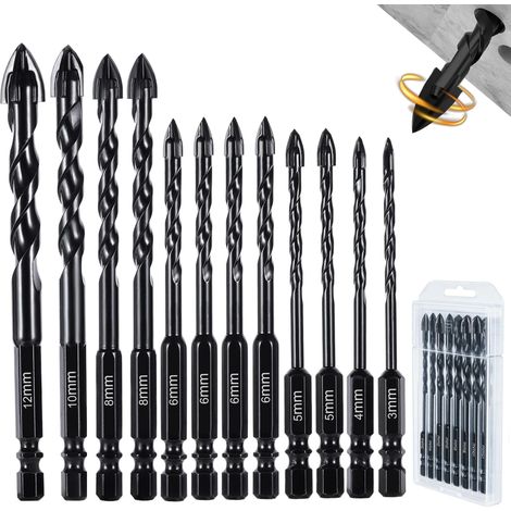 Foret Carrelage 12pcs Tungstène Ultra Dur – Mèche Carrelage 3-12mm avec Tige Hexagonale et Rainure d’Évacuation, Foret Diamant pour Verre, Céramique, Béton, Murs de Briques, Miroirs, Plastique et Bois (1/5)