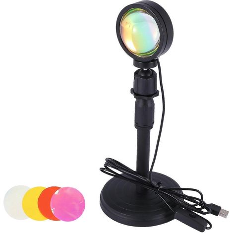 Lampe LED d'ambiance avec projection coucher de soleil 4 en 1, veilleuse, projecteur USB, rotation à 360°, photographie, noir (1/5)