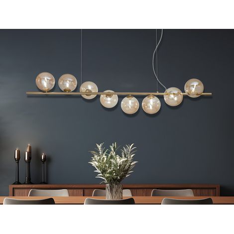 Große LED Pendelleuchte 8-flammig Gold-Glaskugeln Bernstein, Breite 145cm