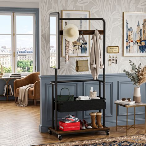 Creahappy Portant à Vêtements avec Miroir Intégré 70x40x170 cm - Meuble d'Entrée Vestiaire Mobile Gain de Place - Métal et Bois Vintage Industriel (1/5)