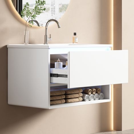 Meuble de salle de bain suspendu Laqué 76.5x45x45cm - Meuble sous vasque avec 1 Tiroir Soft Close et Niche ouverte - Vasque intégrée + Éclairage LED capteur - Blanc
