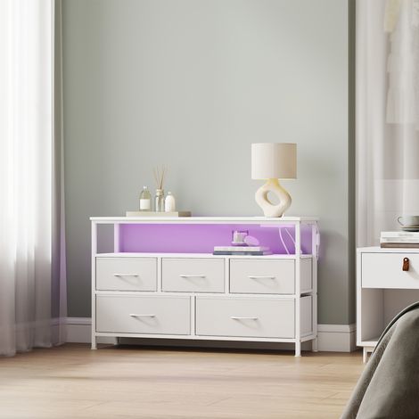 Meuble de Rangement avec LED Réglable et Multiprise, 5 Tiroirs en Tissu, Style Moderne, Chambre, Blanc (1/5)