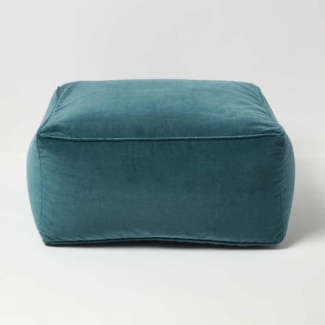 HOMESCAPES Teal Green Velvet Pouffe Bean Cube