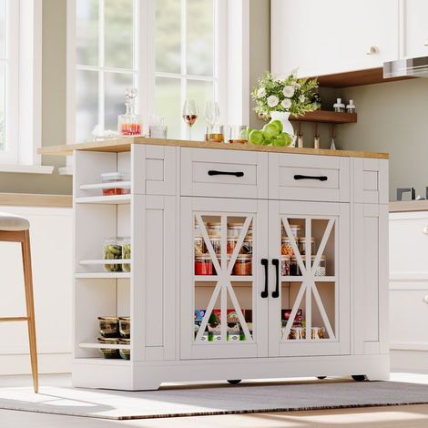 Îlot de cuisine mobile blanc 120x40(65)x92 cm — table pliante, étagère, porte vitrée, prises AC/USB, roulettes freinées