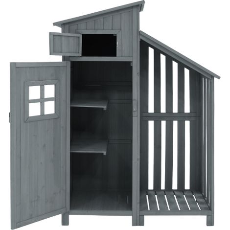 Gartenschrank Wetterfest - Gerätehaus Holz - Geräteschuppen Grau - 124 x 46 x 174 cm - Tannenholz - Mit PVC-Dach - 2 Regale