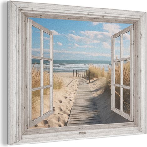 CUADRO ACÚSTICO Ventana - Mar - Costa - Naturaleza - vista - Playa - Mar de Wadden Absorbe el sonido 100x70 (1/5)