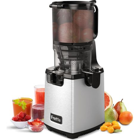 Fretta Extracteur de Jus Lent 135mm Grande Goulotte (Argenté) 45 tr/min, Préservation nutriments, 250W, Anti-bourrage, Nettoyage simple (1/5)