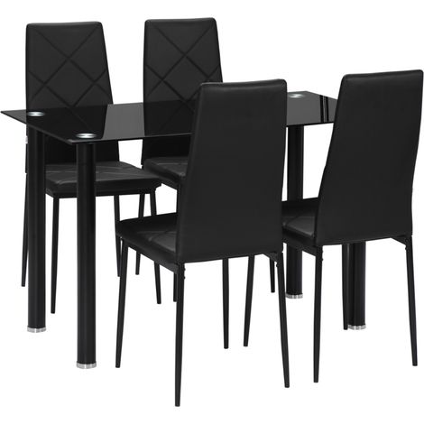 Set Tavolo da Pranzo con 4 Sedie, Piano in Vetro e Sedie Imbottite in Finta Pelle, Nero (1/5)