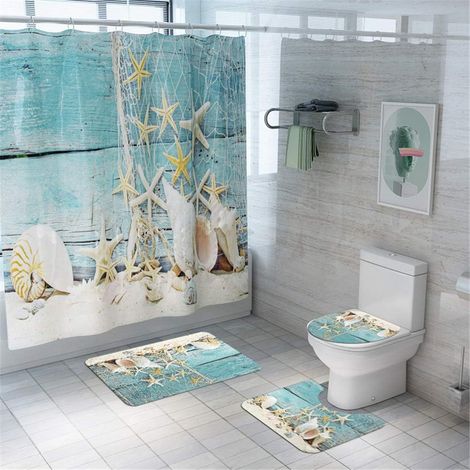 4 Pcs Ensemble Rideau de Douche Salle de Bain Tapis Contour WC Tapis de Bain Antidérapant Couvre Couverture de Toilette Siège Monde des Fonds Marins (Conque) (1/5)