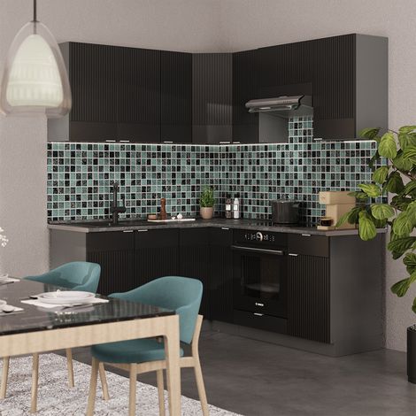 Winkelküche  Fame-Line, Schwarz gestreift/Anthrazit, 160 x 60 cm ohne Arbeitsplatte, Vicco