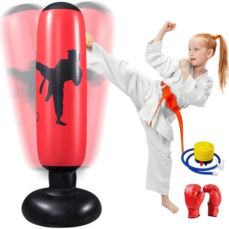 Sac de frappe gonflable pour enfant - 160 cm - Sur pied - Avec pompe à air et gants de boxe - Pour karaté, kickboxing, équipement d'entraînement, cadeau