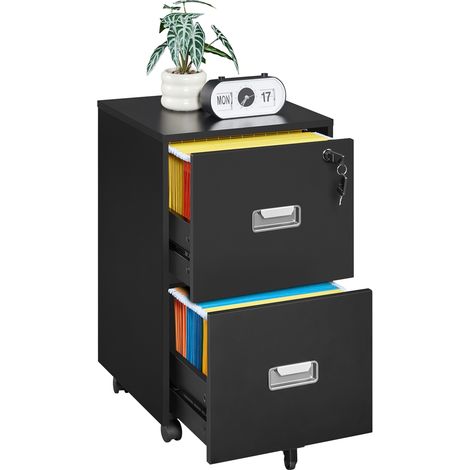 Homevive Cajonera Escritorio con Ruedas Cajonera de Oficina 2 Cajones Cerradura Archivador Extraíble Móvil de Oficina para Carpetas/A4 40 x 40 x 65 cm Negro