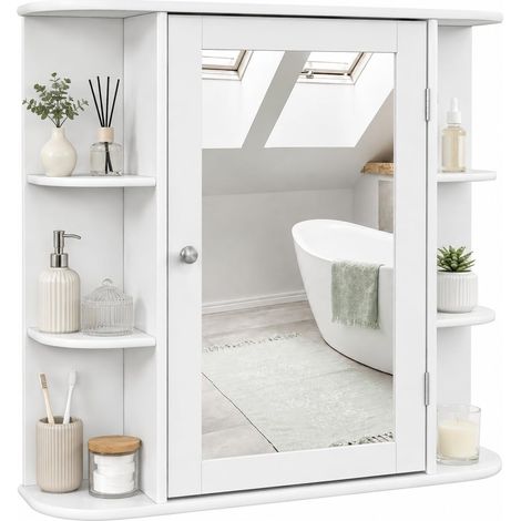 Armoire de Salle de Bain en Bois à Miroir avec 4 Compartiments et 6 étagères Ouvertes, Armoire Suspendue avec Miroir, 66 x 17 x 63 cm, Blanche (1/5)