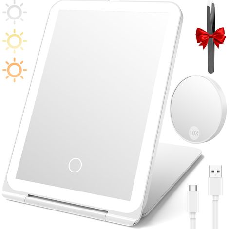 Miroir cosmétique Rechargeable éclairé, Ultra-Fin et Pliable, 3 Couleurs de lumière et réglage progressif, Charge Type-C, Idéal pour Voyages et Maison, Blanc (1/5)