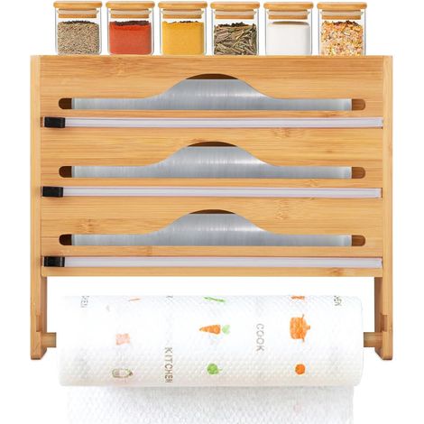 Film dispenser with cutter and kitchen roll holder, wrap dispenser with cutter, wall-mounted bamboo kitchen roll adhesive film and sheet organizer