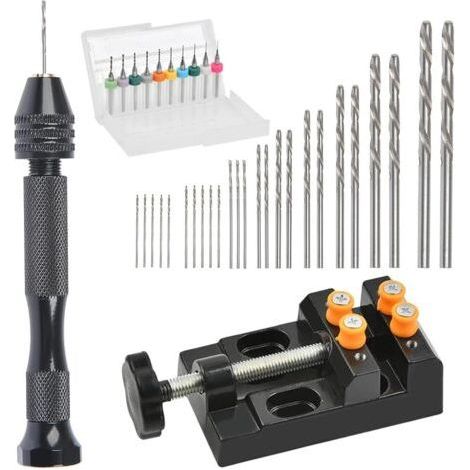 37 Pièces Ensemble de Perceuse à Main Mini Perceuse à Main de Precision Aluminum Mandrin sans Clé Foret Fraise Twist Forets Torsion et Étau Banc pour Artisanat Sculpture Bricolag (1/5)